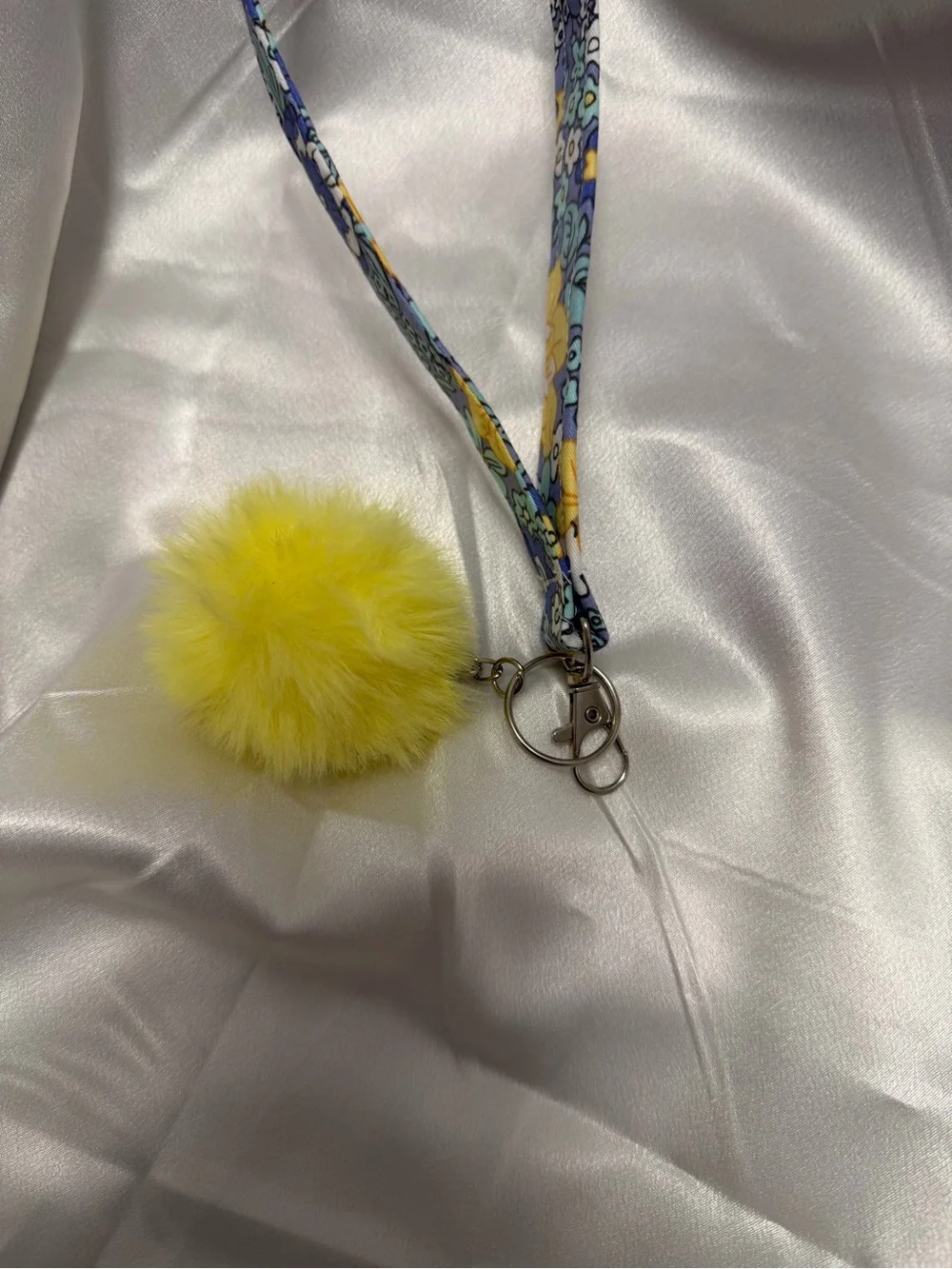Handmade Blue and Yellow Floral Wristlet Keychain with Yellow Pompom